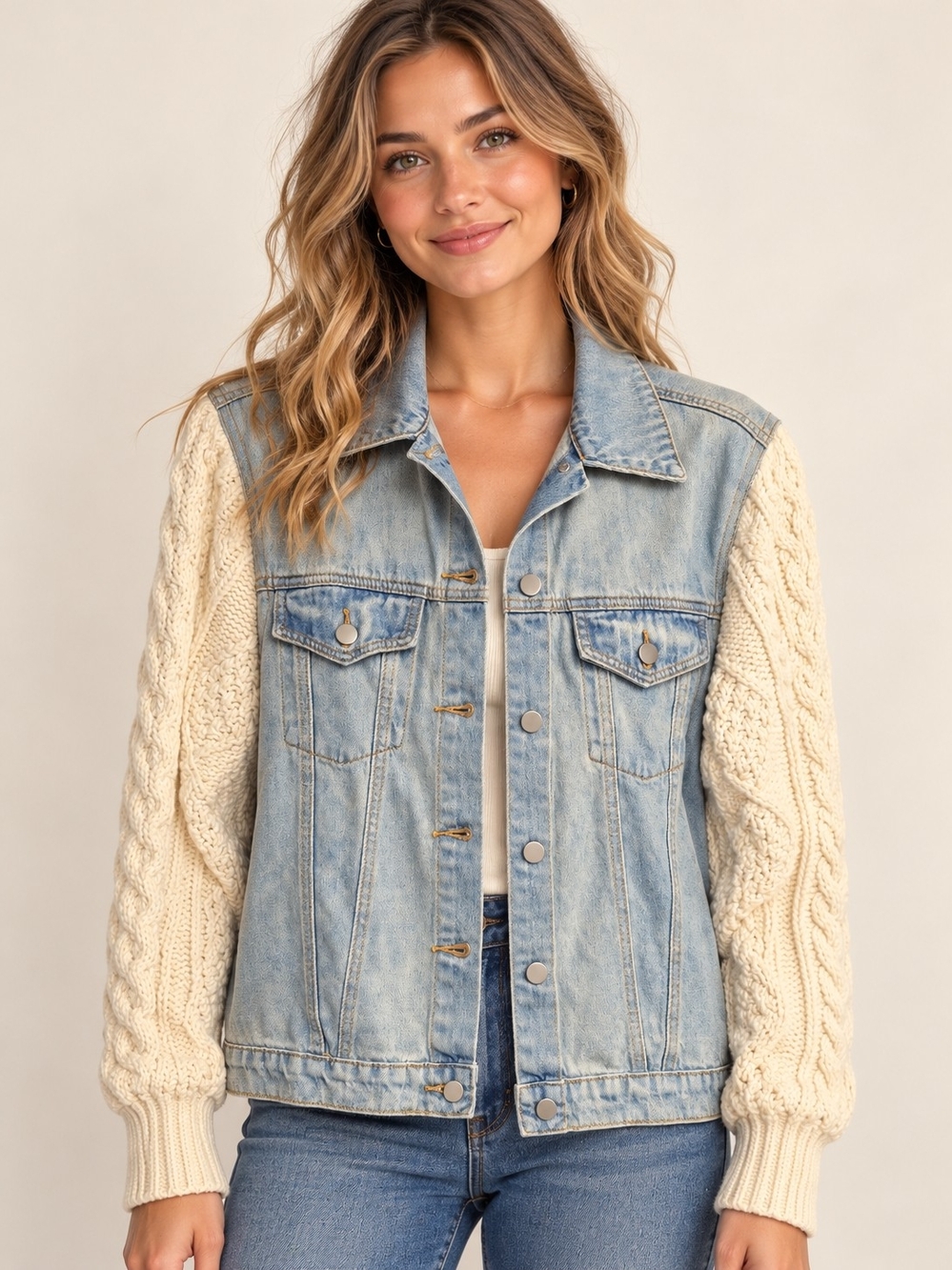 POL Light Wash Denim Jacket Cream Cable Knit Sleeves – Medium